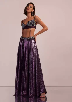 Purple Blouse And Palazzo Set In Lycra With Cutdana Work
