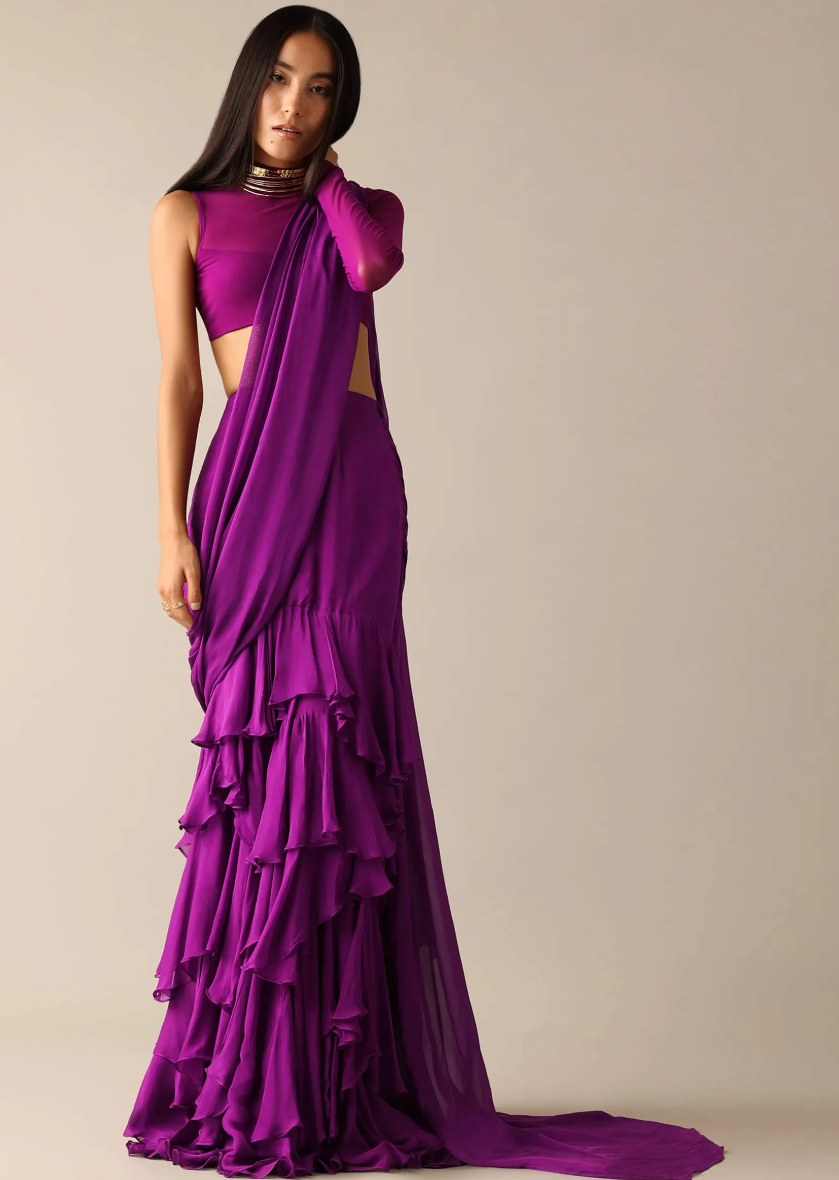 Purple Blouse with Layered Pre Draped Saree