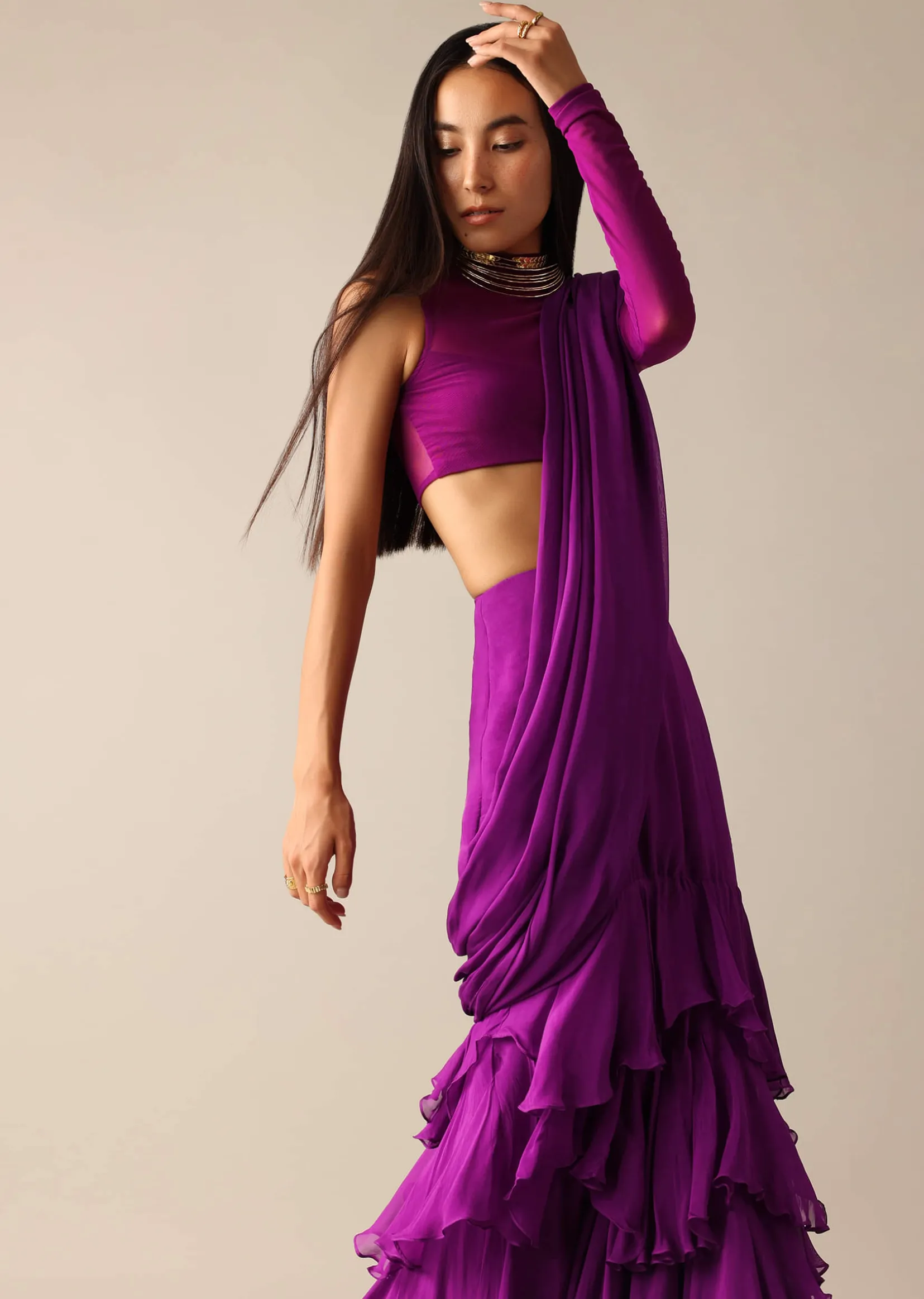 Purple Blouse with Layered Pre Draped Saree