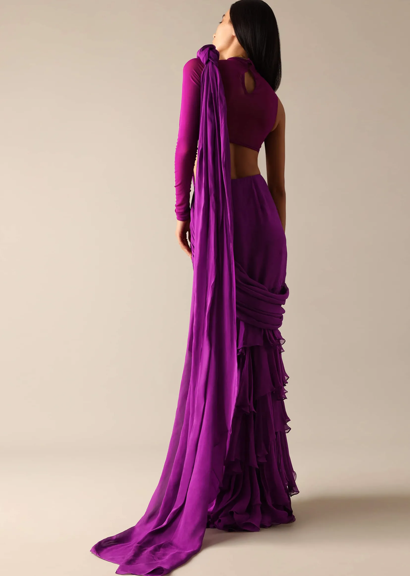 Purple Blouse with Layered Pre Draped Saree
