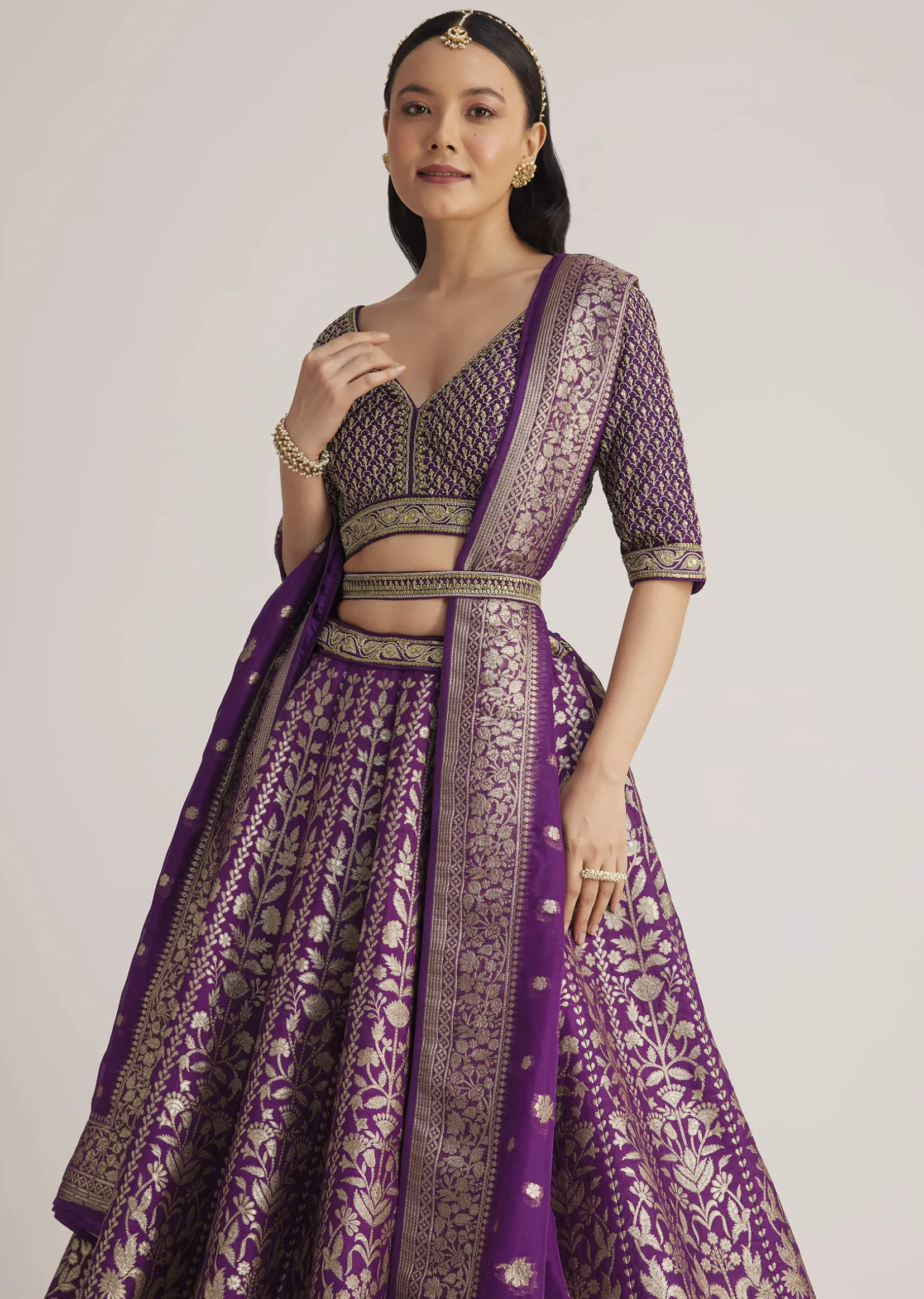 Purple Brocade Embroidered Lehenga Set