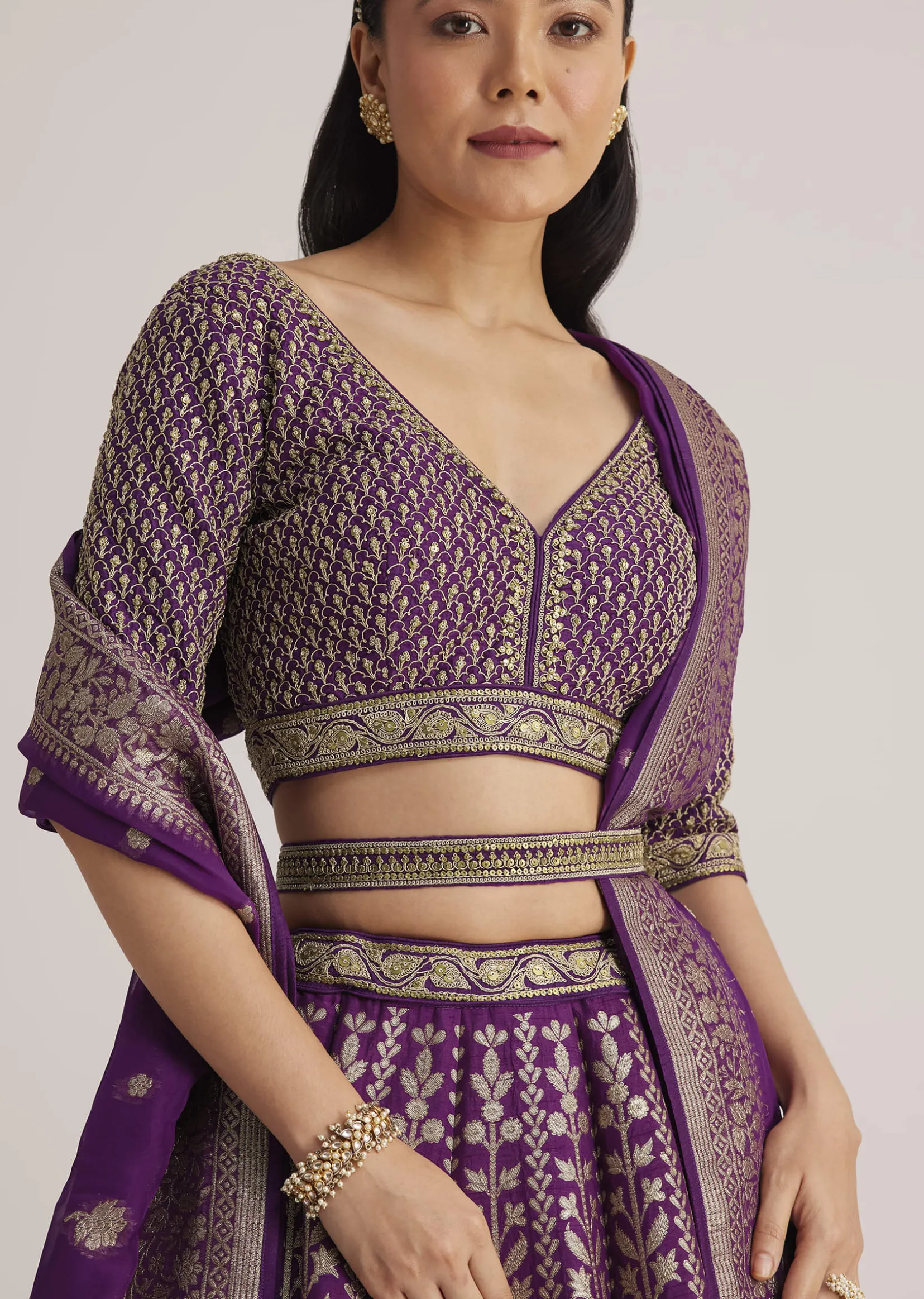 Purple Brocade Embroidered Lehenga Set