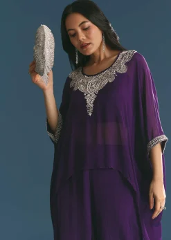 Purple Chinon Embroidered Cape Suit
