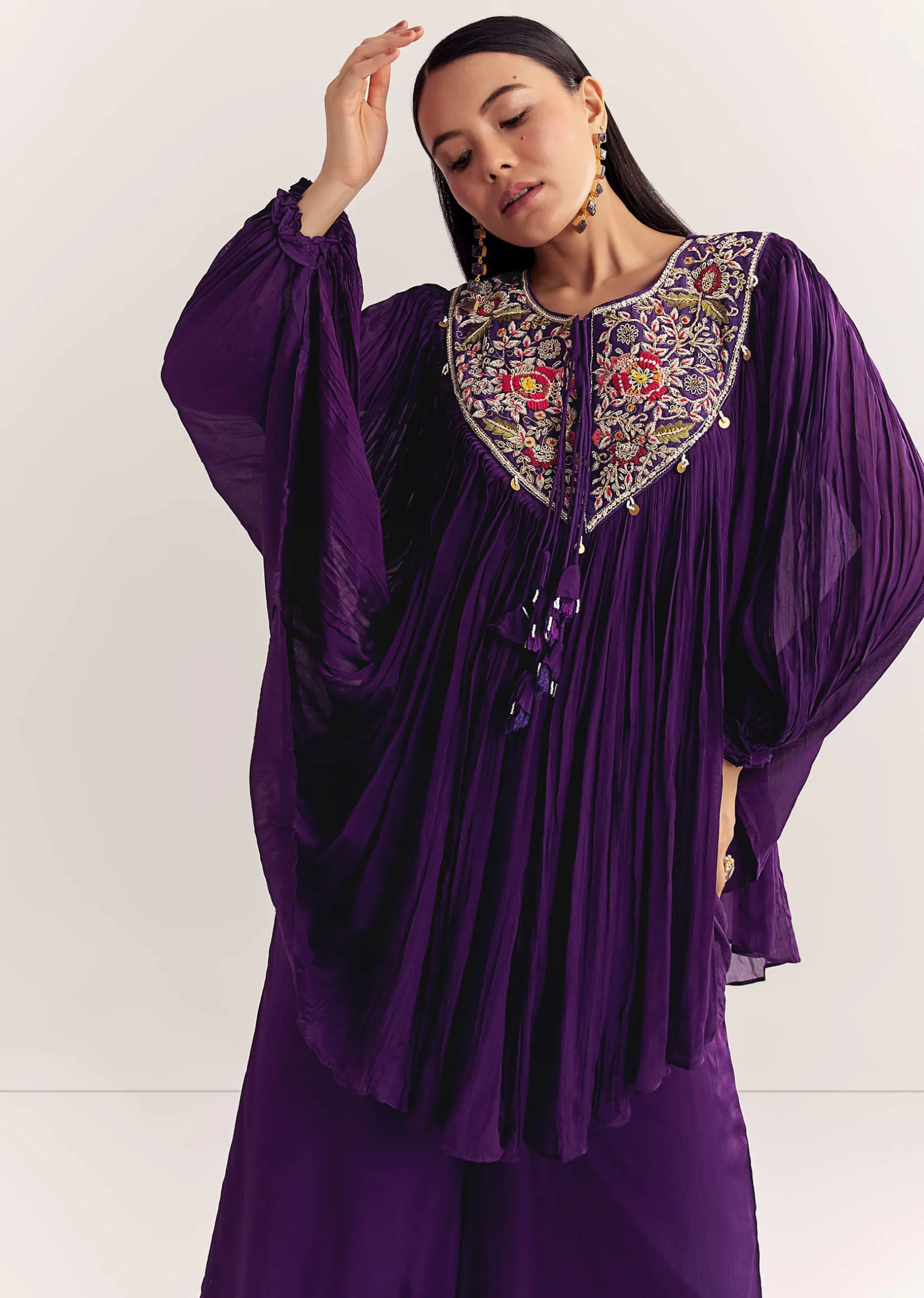 Purple Chinon Kaftan Kurta Set With Zardosi And Thread Work