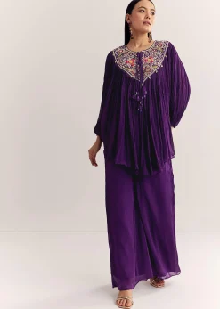 Purple Chinon Kaftan Kurta Set With Zardosi And Thread Work