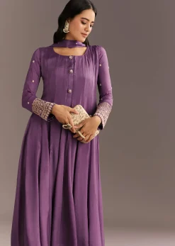 Purple Chinon Kurta With Zardosi Sleeves And Butti Dupatta
