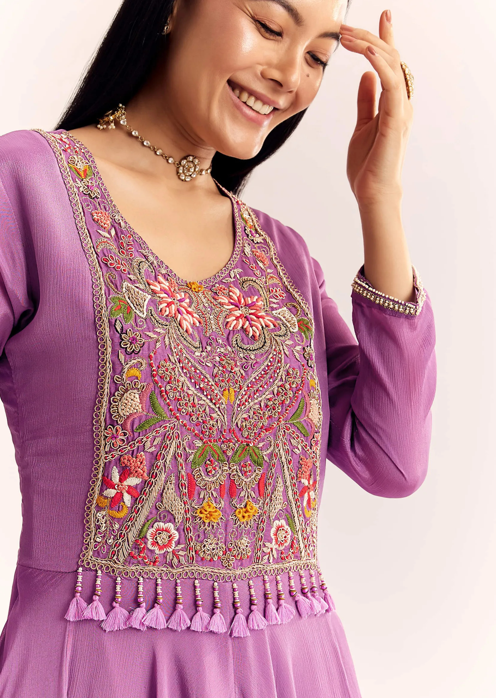 Purple Chinon Zardosi Kurta Palazzo Suit