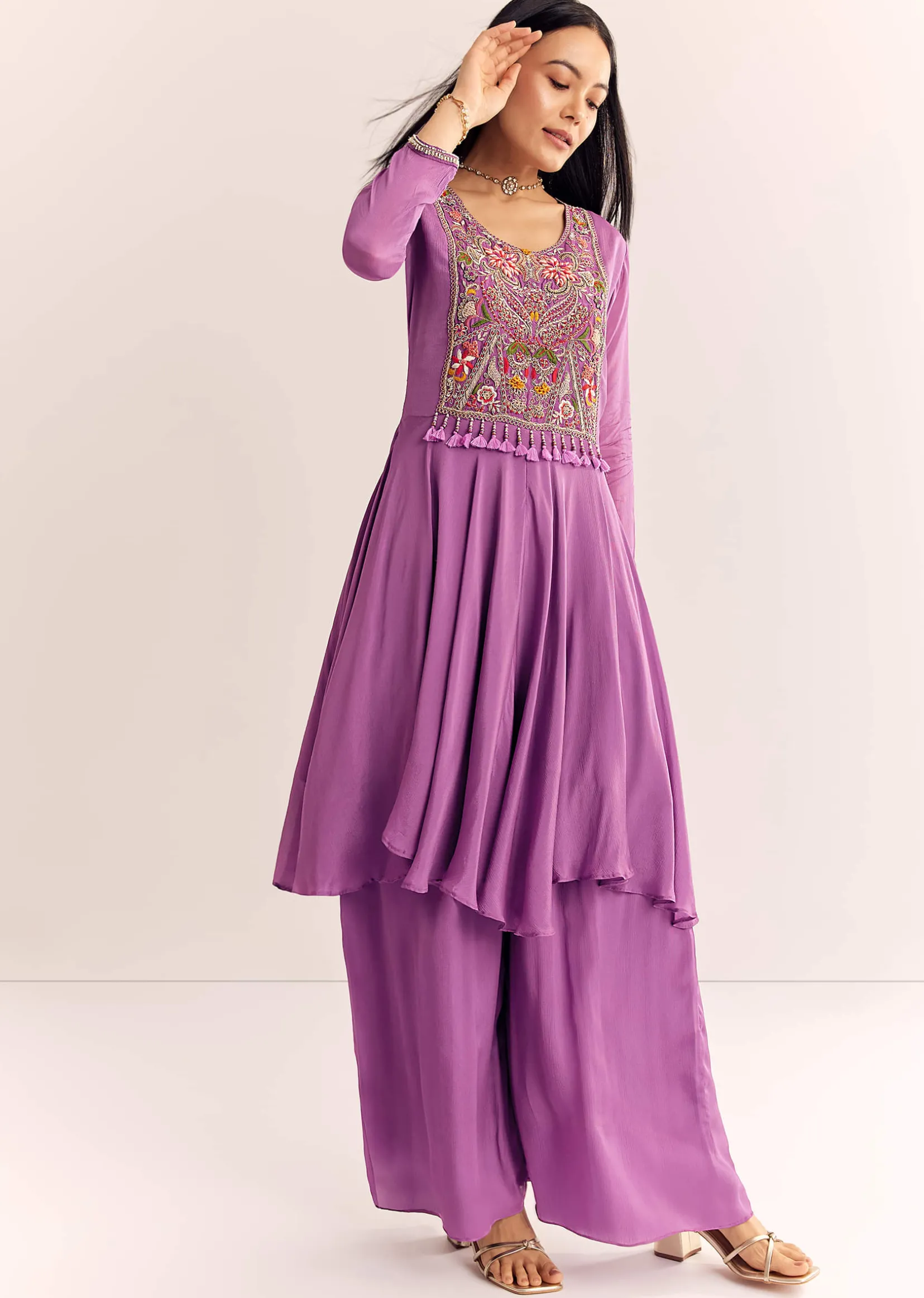 Purple Chinon Zardosi Kurta Palazzo Suit