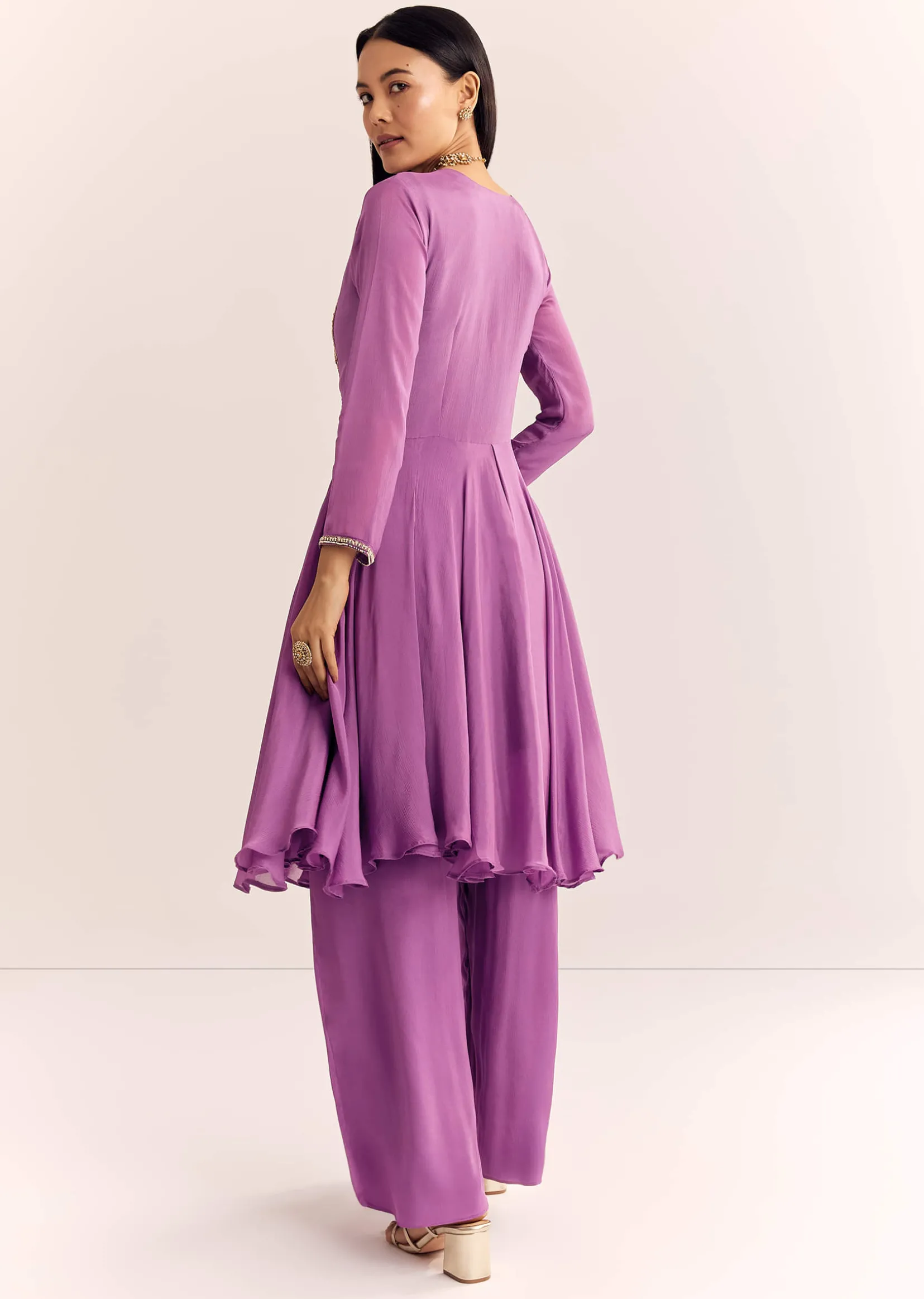 Purple Chinon Zardosi Kurta Palazzo Suit