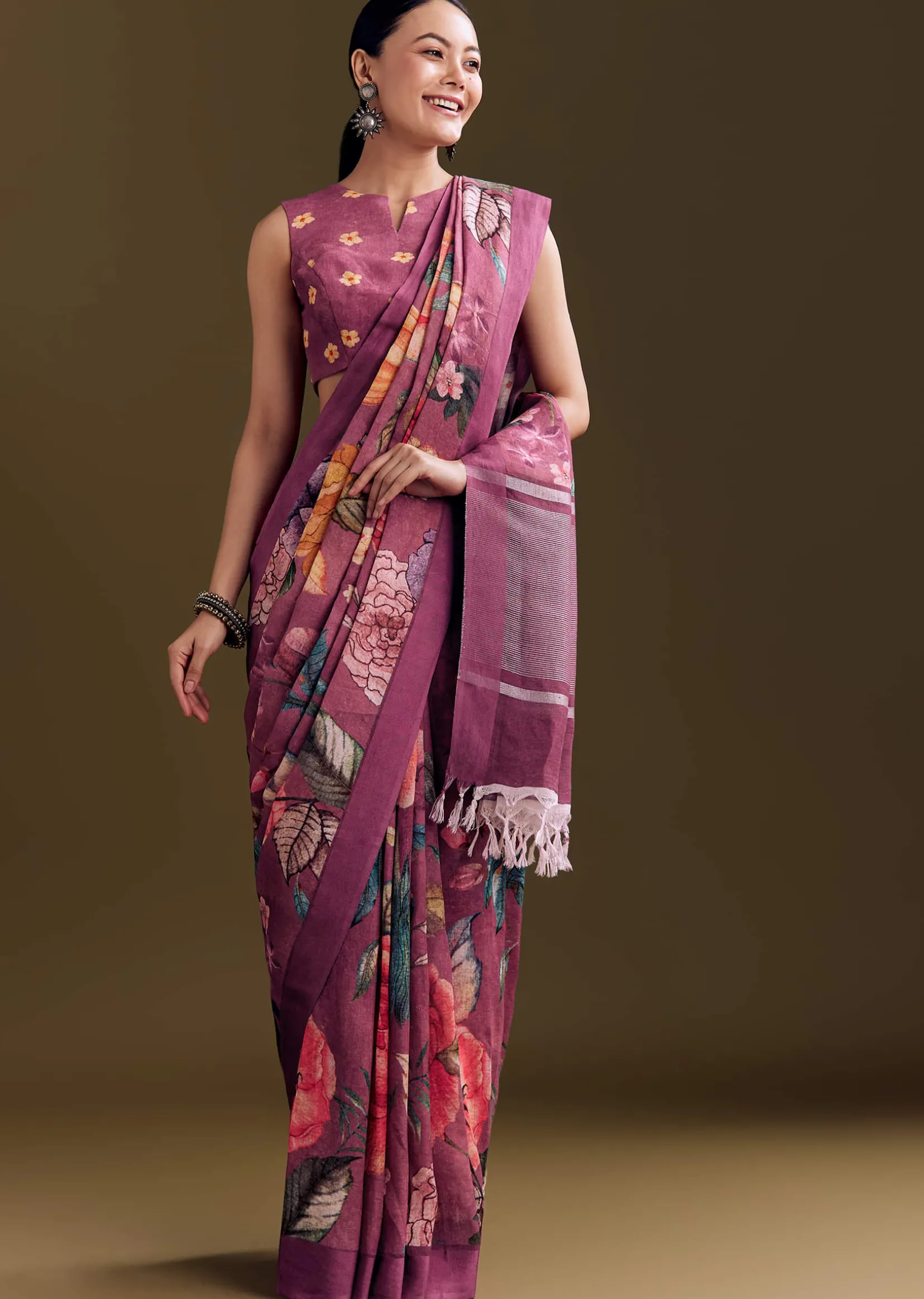 Purple Cotton Linen Saree With Faded Florals