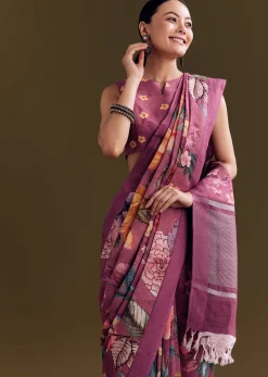 Purple Cotton Linen Saree With Faded Florals
