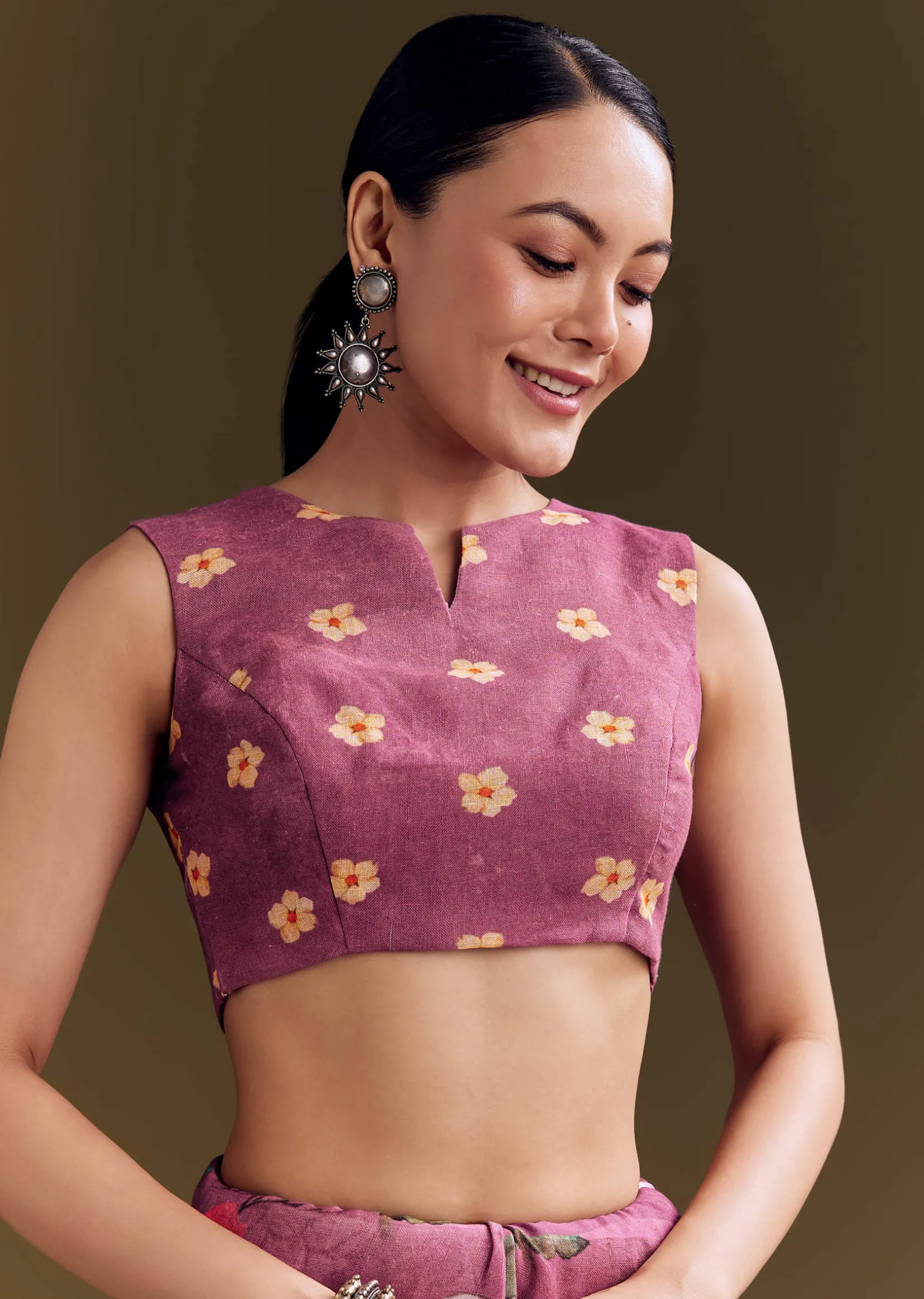 Purple Cotton Linen Saree With Faded Florals