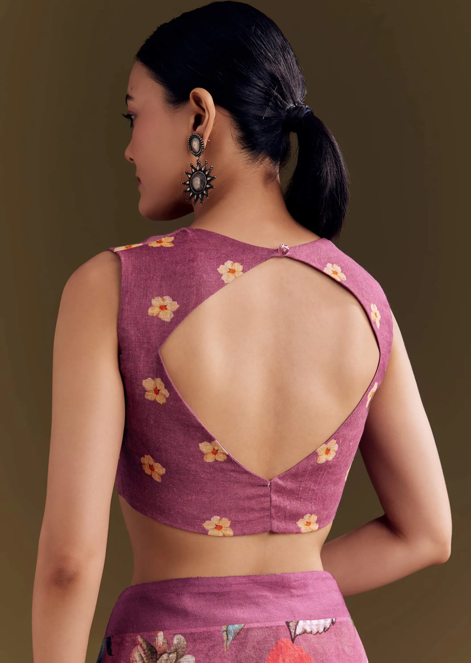 Purple Cotton Linen Saree With Faded Florals