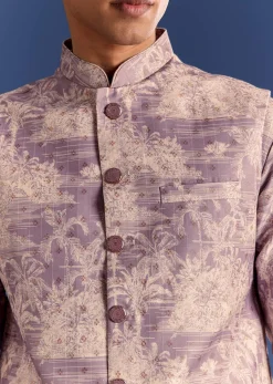 Purple Cotton Silk Kurta Jacket Set With Print