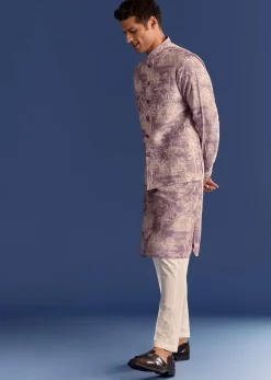 Purple Cotton Silk Kurta Jacket Set With Print