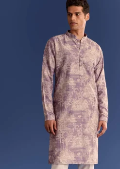Purple Cotton Silk Kurta Jacket Set With Print