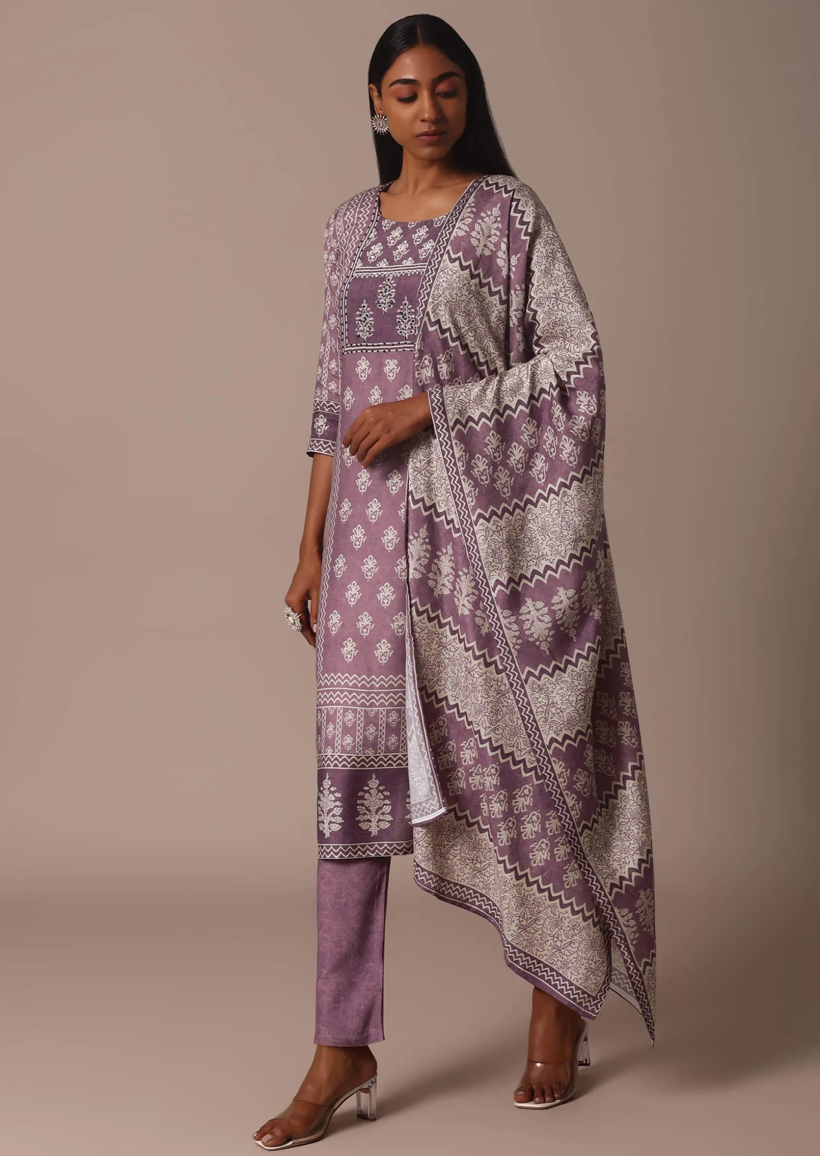 Purple Crepe Printed Kurti Pant Set With Cutdana Detail