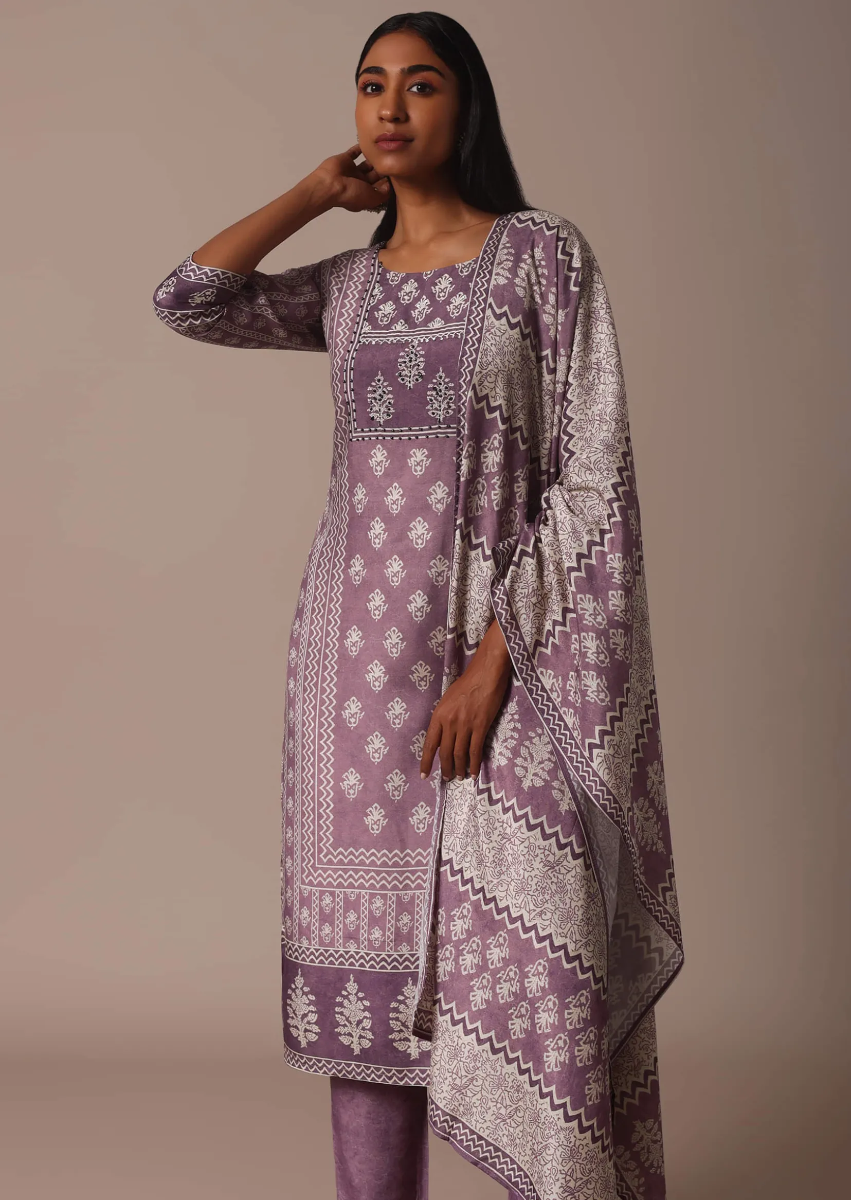Purple Crepe Printed Kurti Pant Set With Cutdana Detail