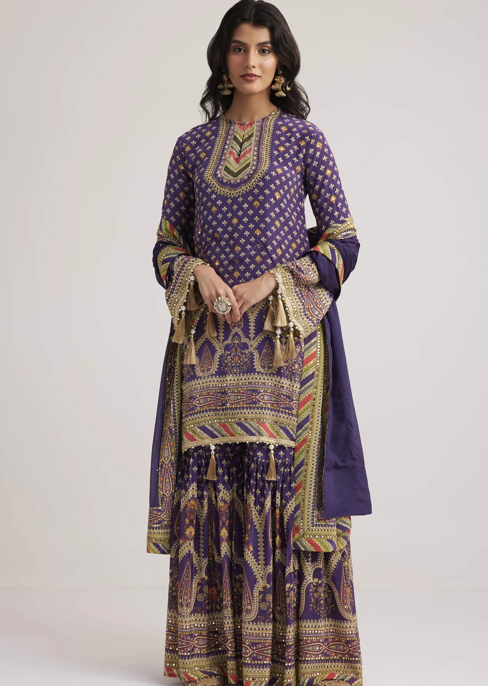 Purple Crepe Silk Sharara Set With Mirror And Sequins Work