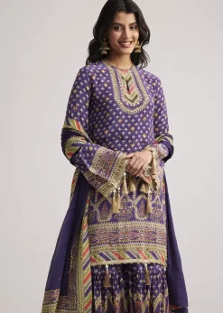 Purple Crepe Silk Sharara Set With Mirror And Sequins Work