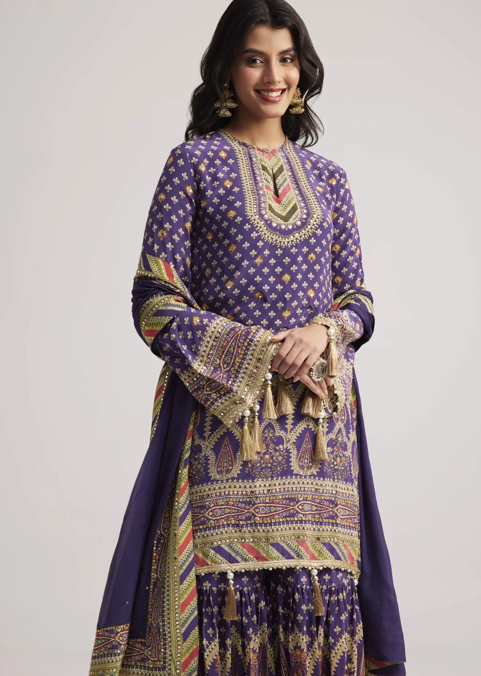 Purple Crepe Silk Sharara Set With Mirror And Sequins Work