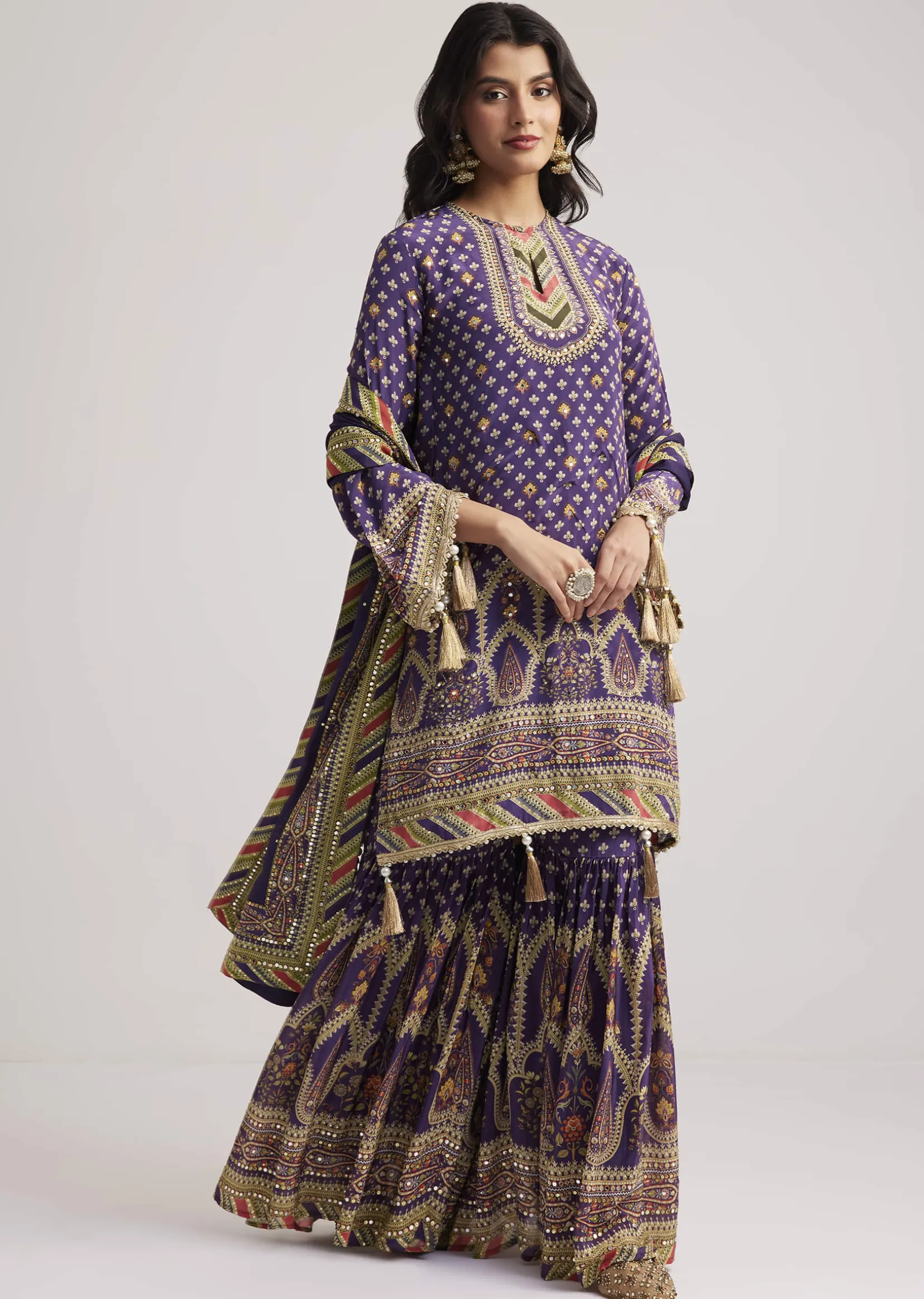 Purple Crepe Silk Sharara Set With Mirror And Sequins Work
