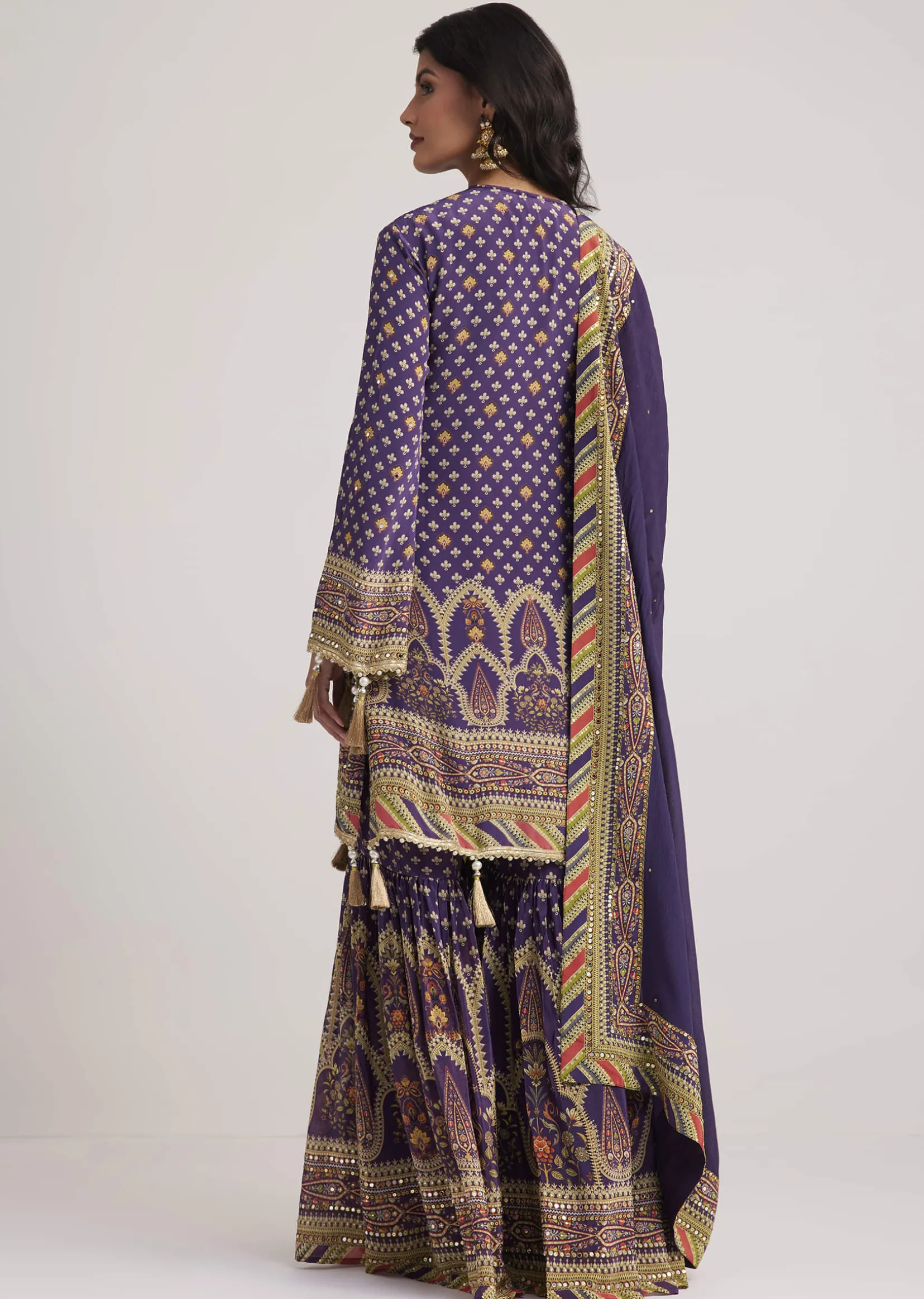 Purple Crepe Silk Sharara Set With Mirror And Sequins Work