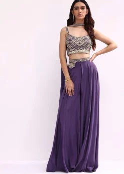 Purple Crop Top And Palazzo Set With Zari Work