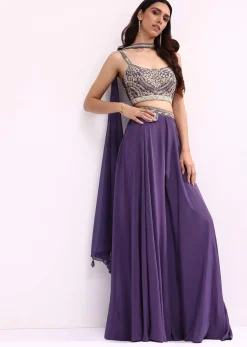 Purple Crop Top And Palazzo Set With Zari Work