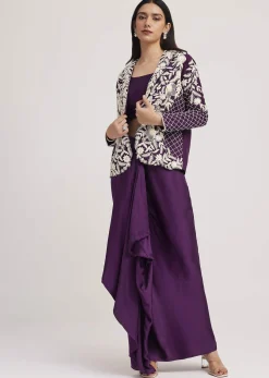 Purple Crop Top Skirt And Embroidered Jacket Set