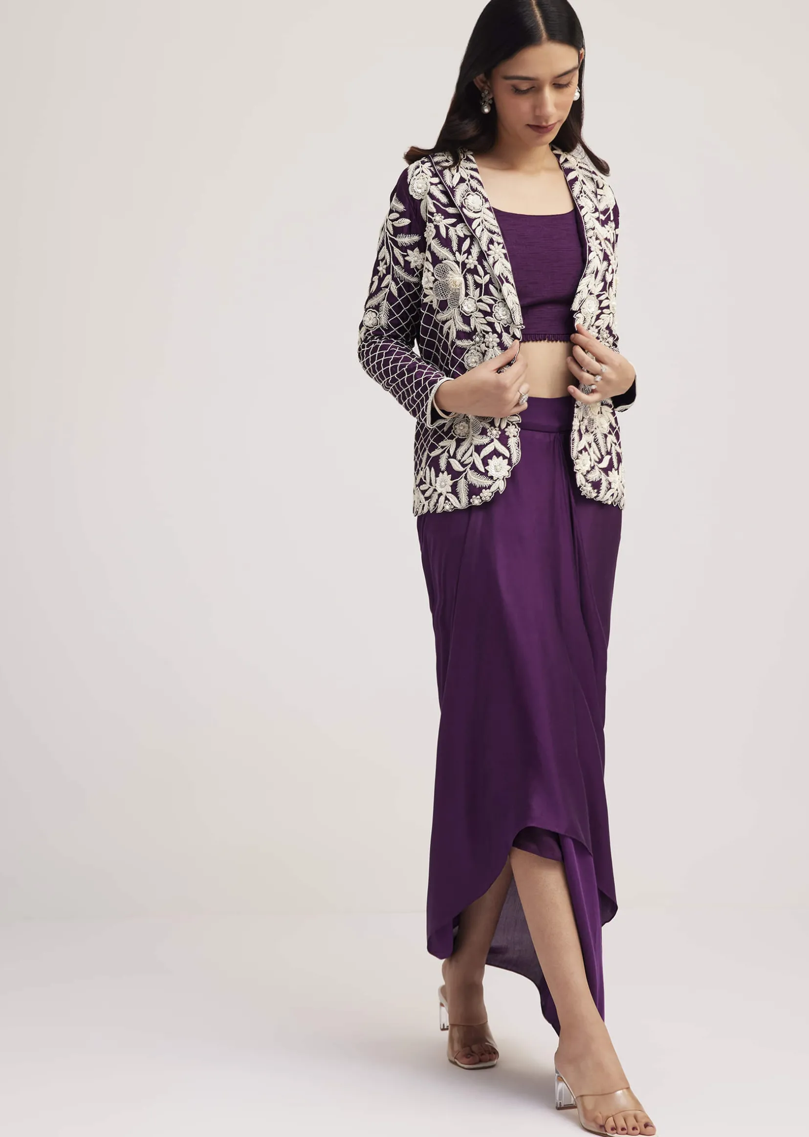 Purple Crop Top Skirt And Embroidered Jacket Set