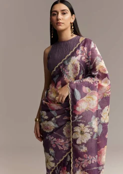 Purple Crush Tissue Saree With Floral Print And Embroidered Border