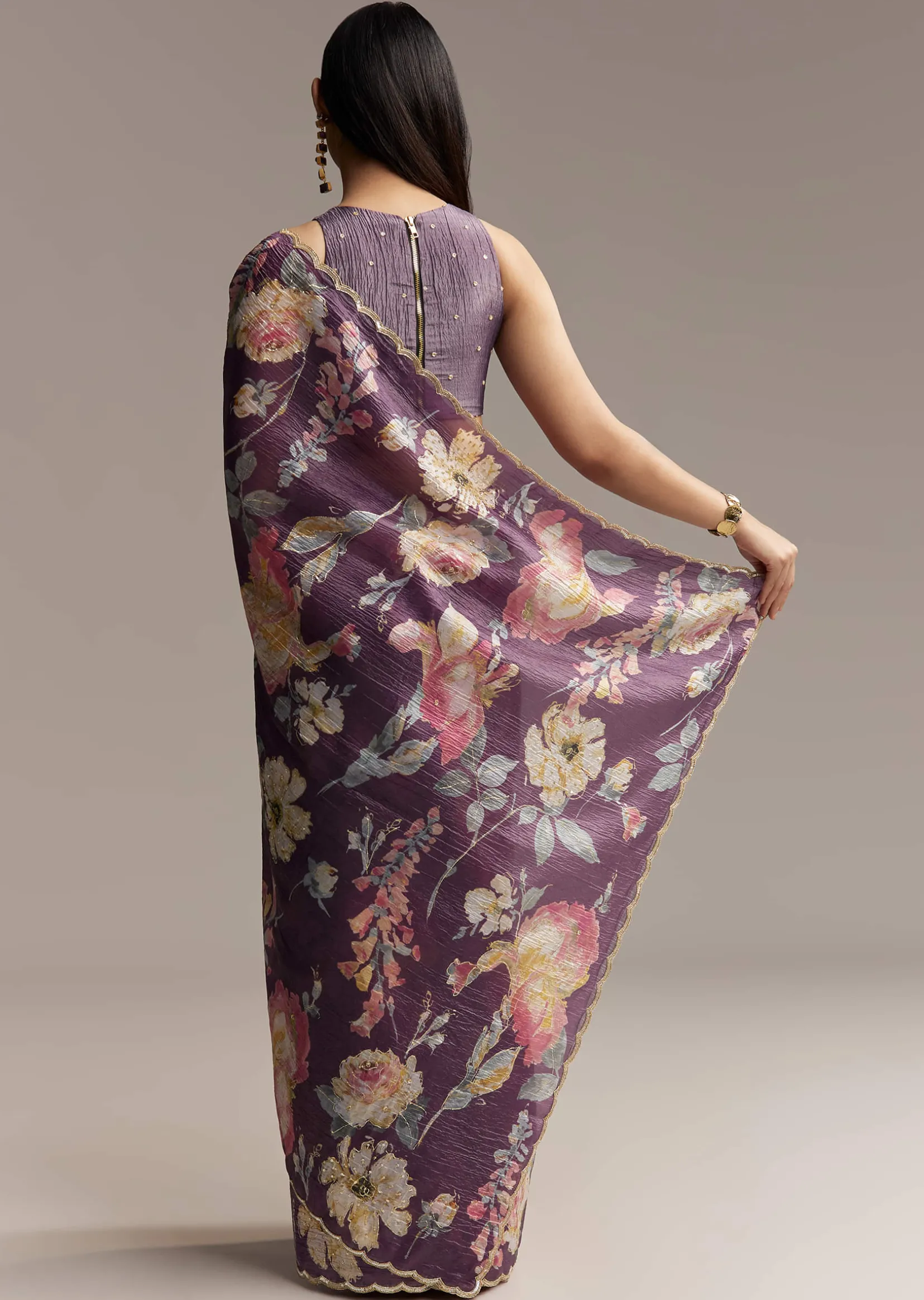 Purple Crush Tissue Saree With Floral Print And Embroidered Border