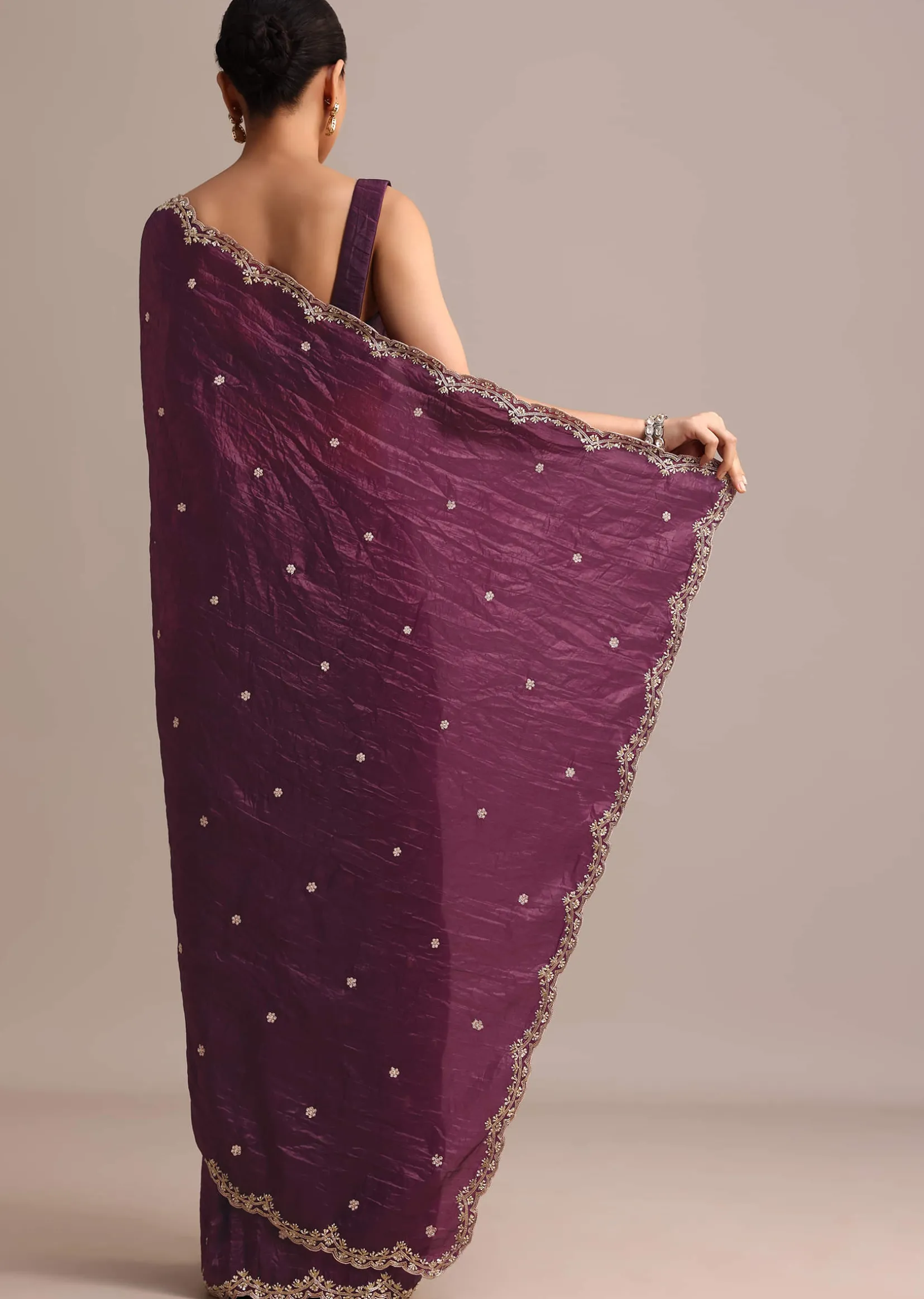 Purple Crushed Tissue Saree With Sequin And Cutdana Embroidered Border