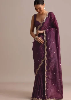 Purple Crushed Tissue Saree With Sequin And Cutdana Embroidered Border
