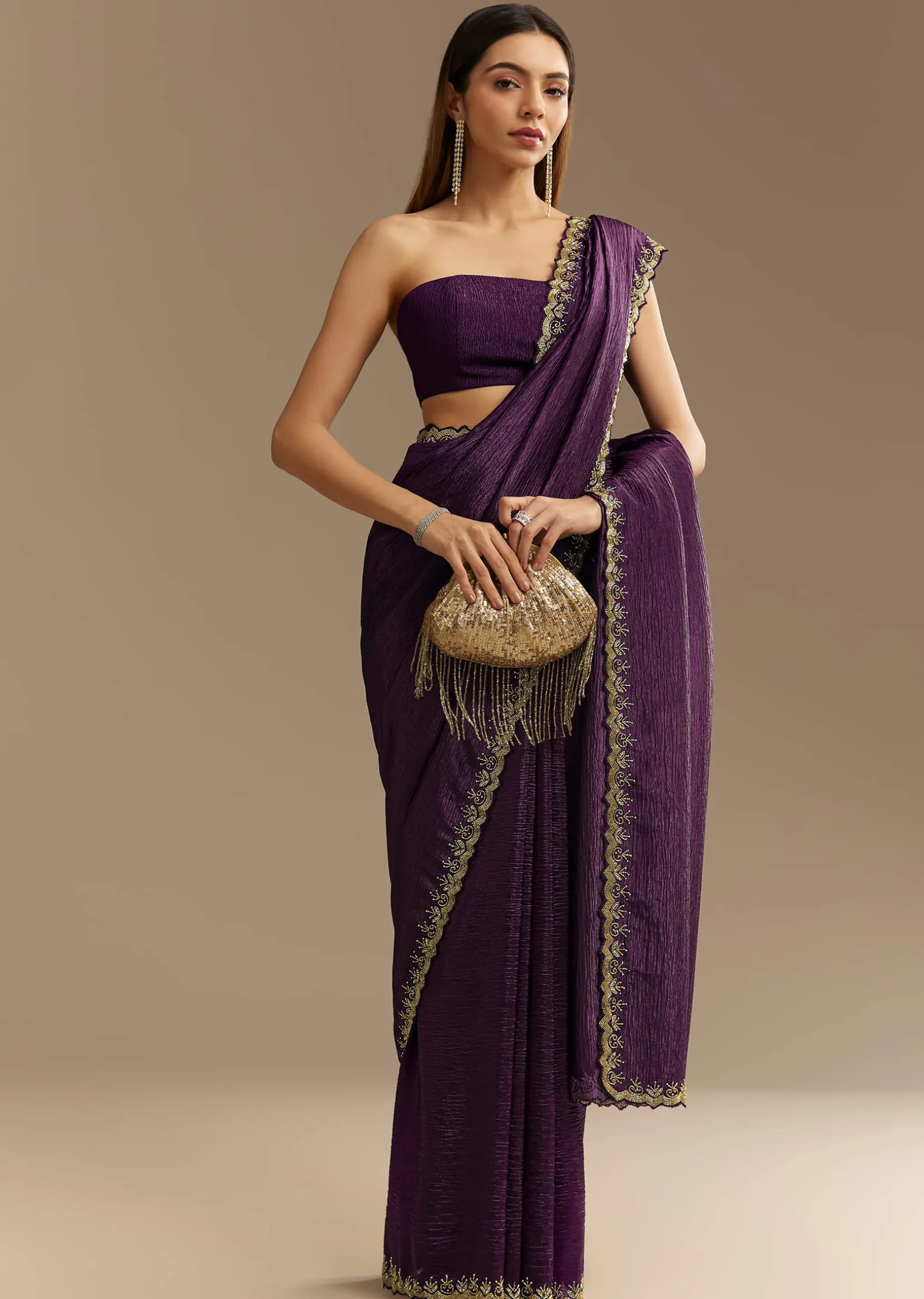 Purple Crushed Tissue Saree With Cutdana And Beads Embroidery