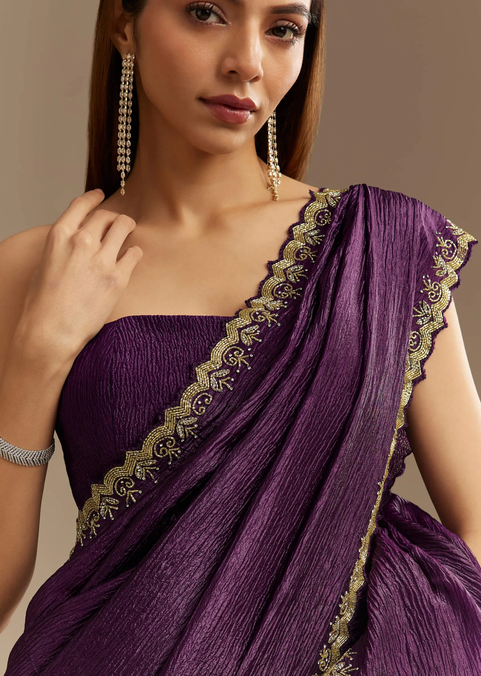 Purple Crushed Tissue Saree With Cutdana And Beads Embroidery