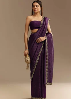 Purple Crushed Tissue Saree With Cutdana And Beads Embroidery