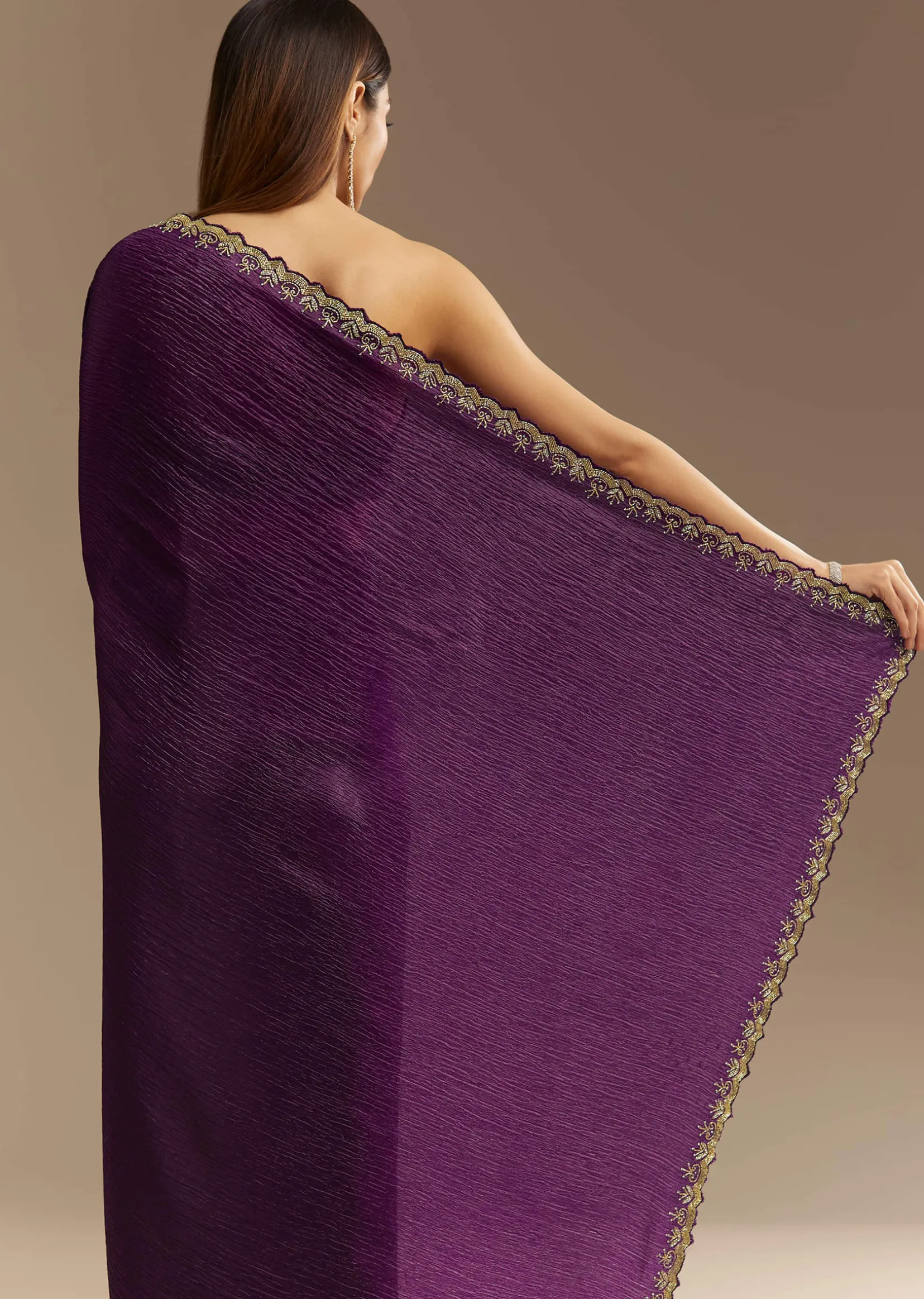 Purple Crushed Tissue Saree With Cutdana And Beads Embroidery