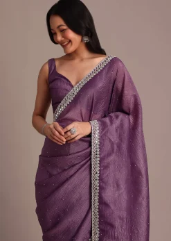 Purple Crushed Tissue Saree With Mirror And Cutdana Embellished Border