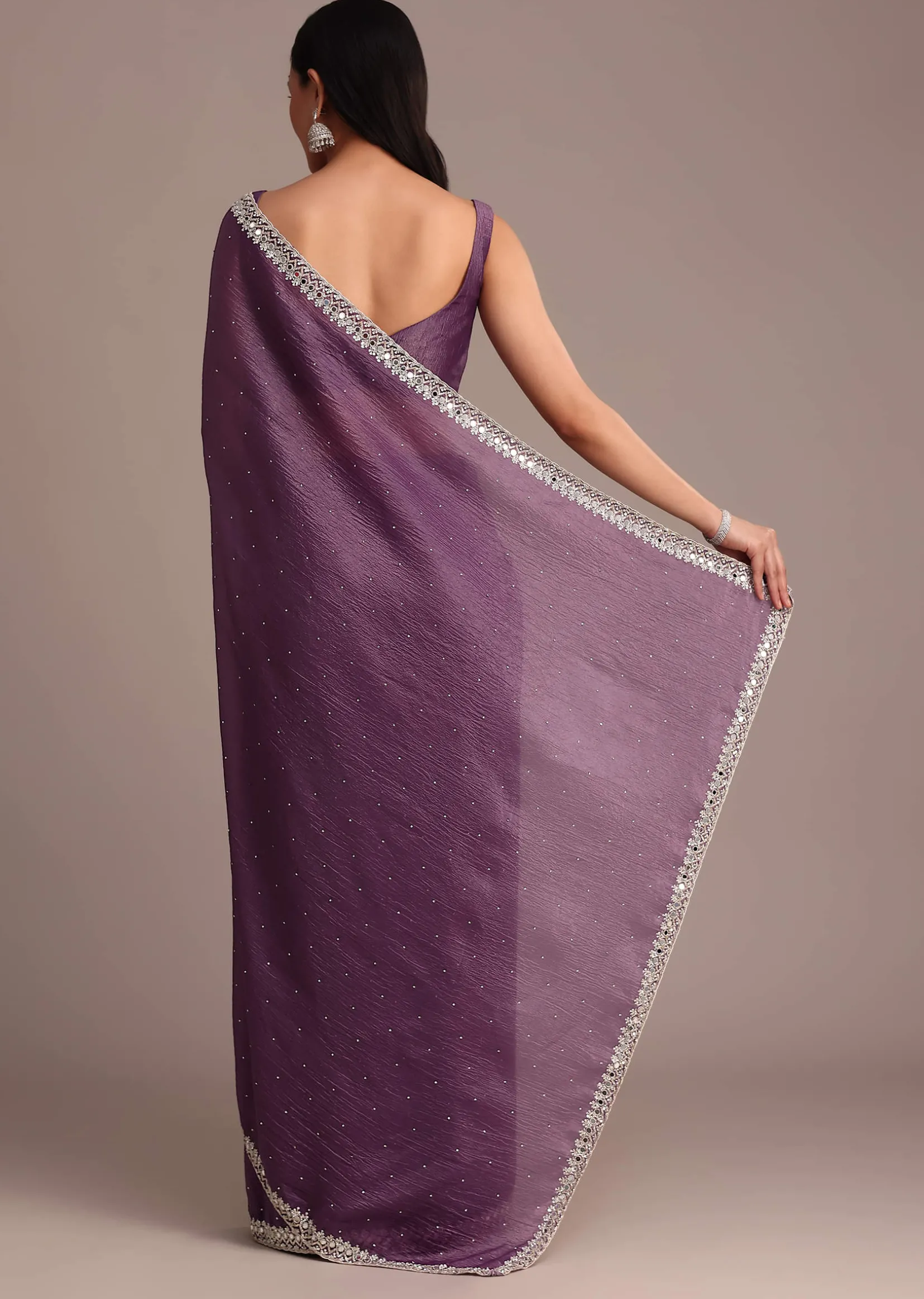 Purple Crushed Tissue Saree With Mirror And Cutdana Embellished Border