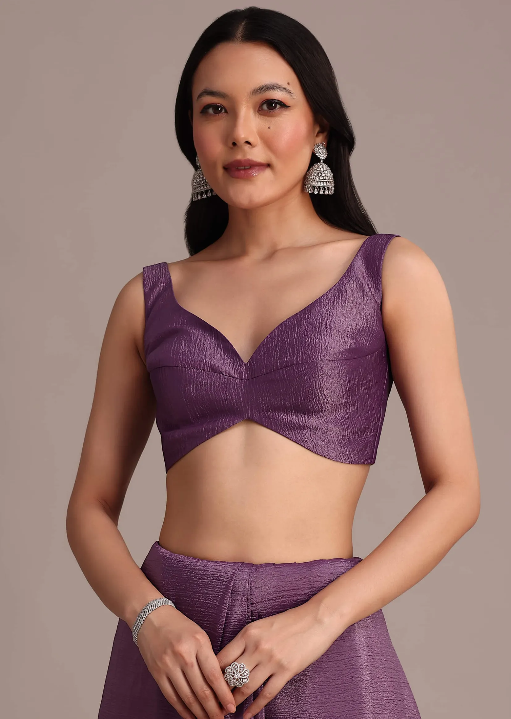 Purple Crushed Tissue Saree With Mirror And Cutdana Embellished Border