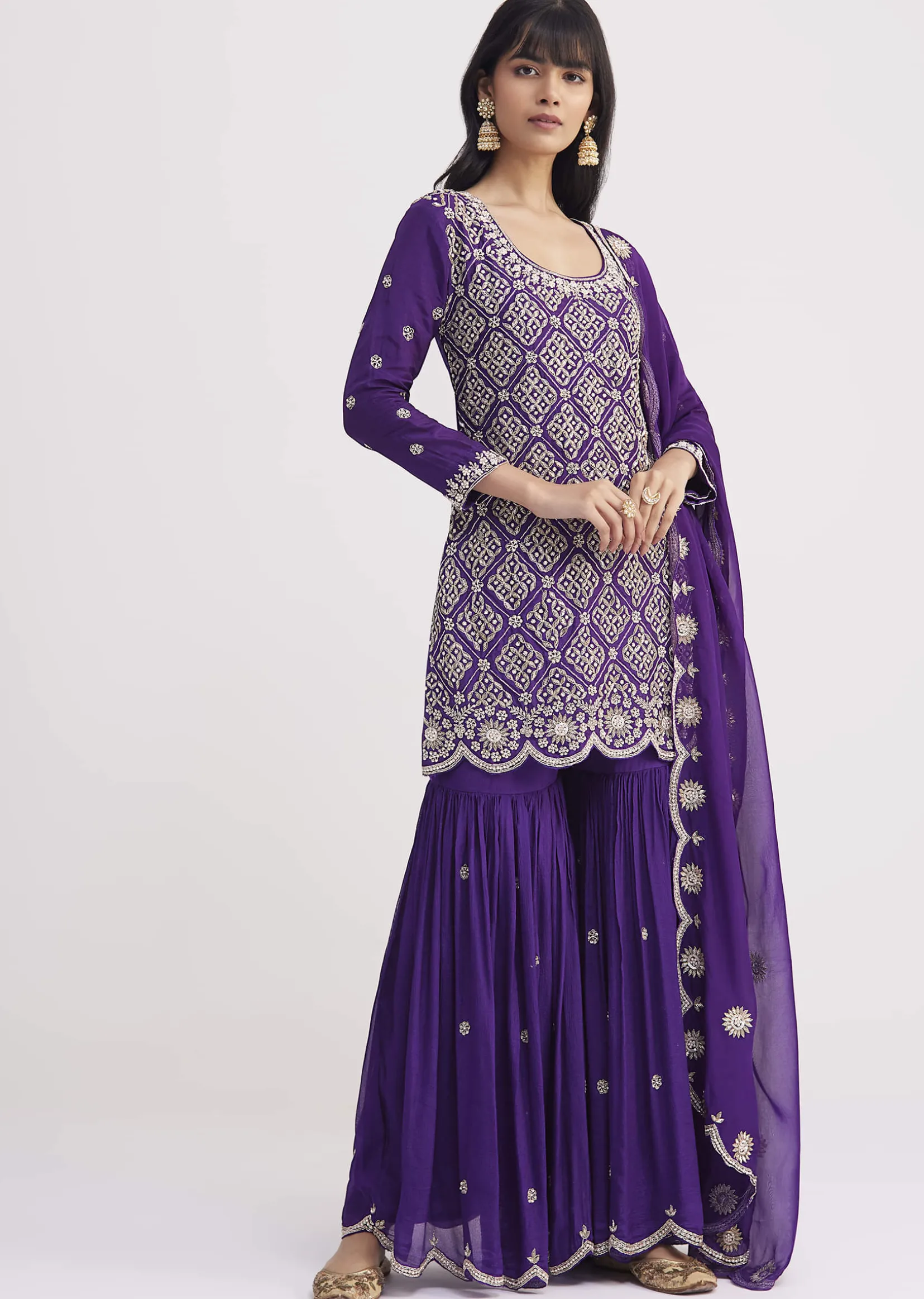 Purple Cutdana Embroidered Sharara Suit With Organza Dupatta