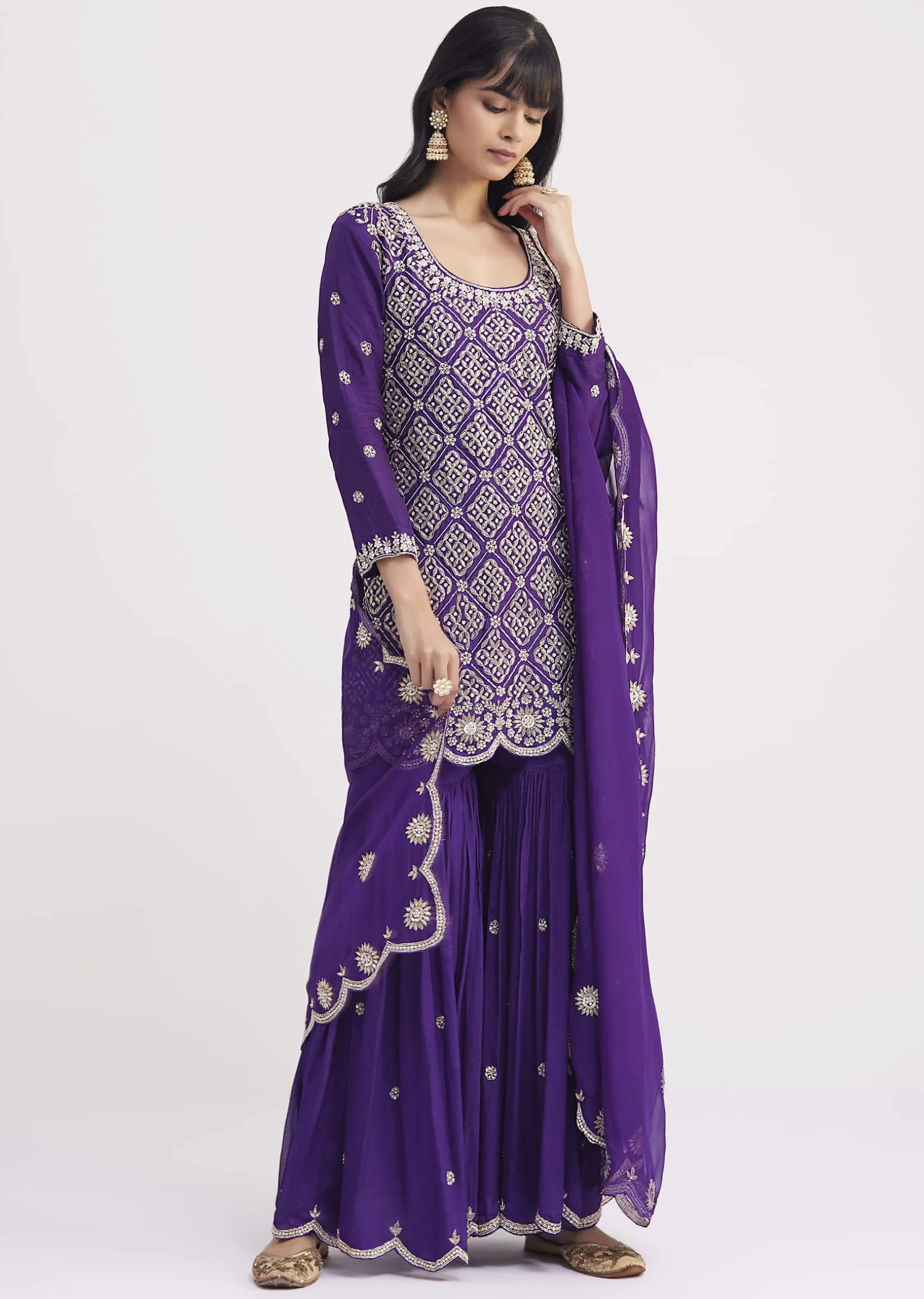 Purple Cutdana Embroidered Sharara Suit With Organza Dupatta