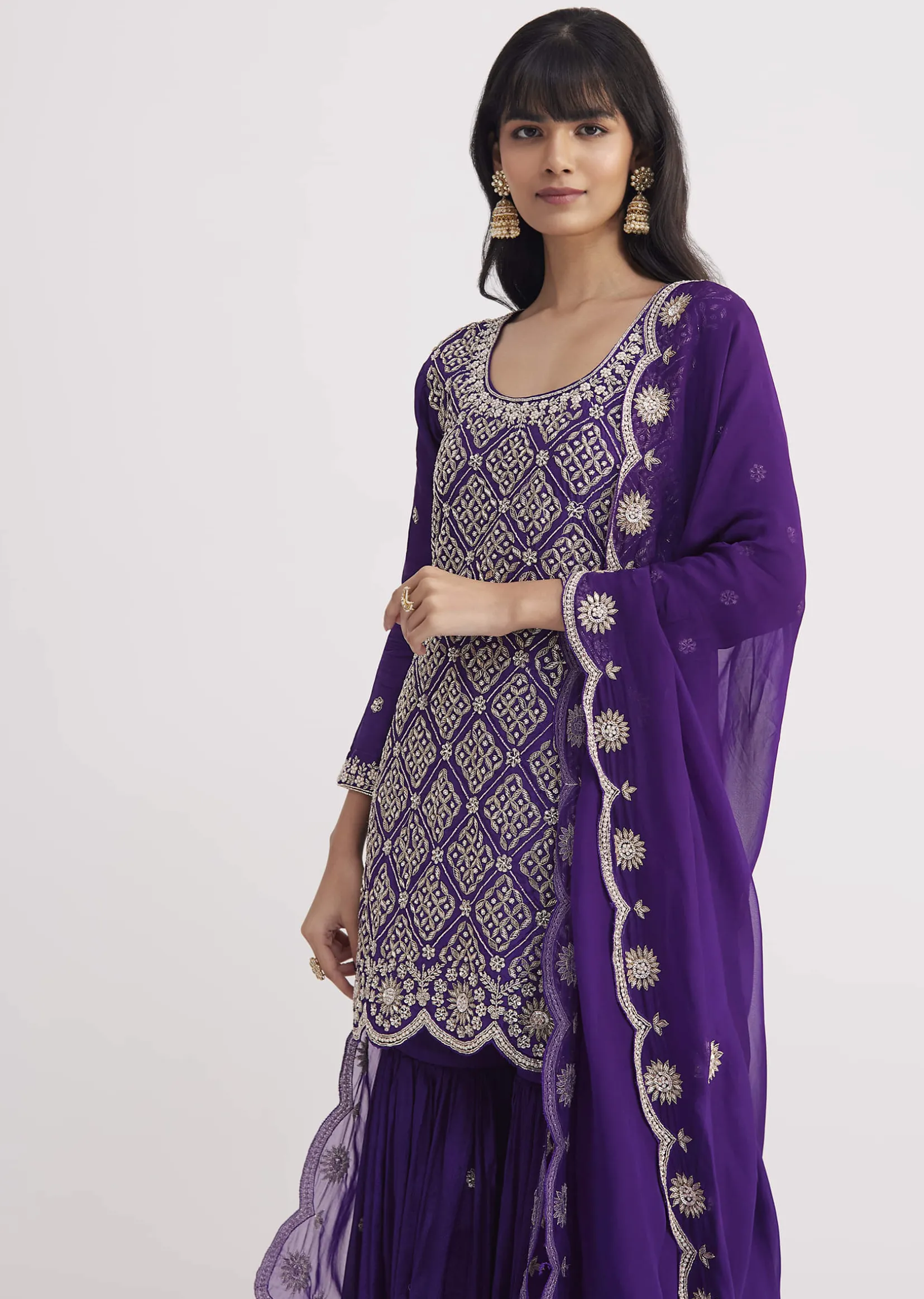 Purple Cutdana Embroidered Sharara Suit With Organza Dupatta