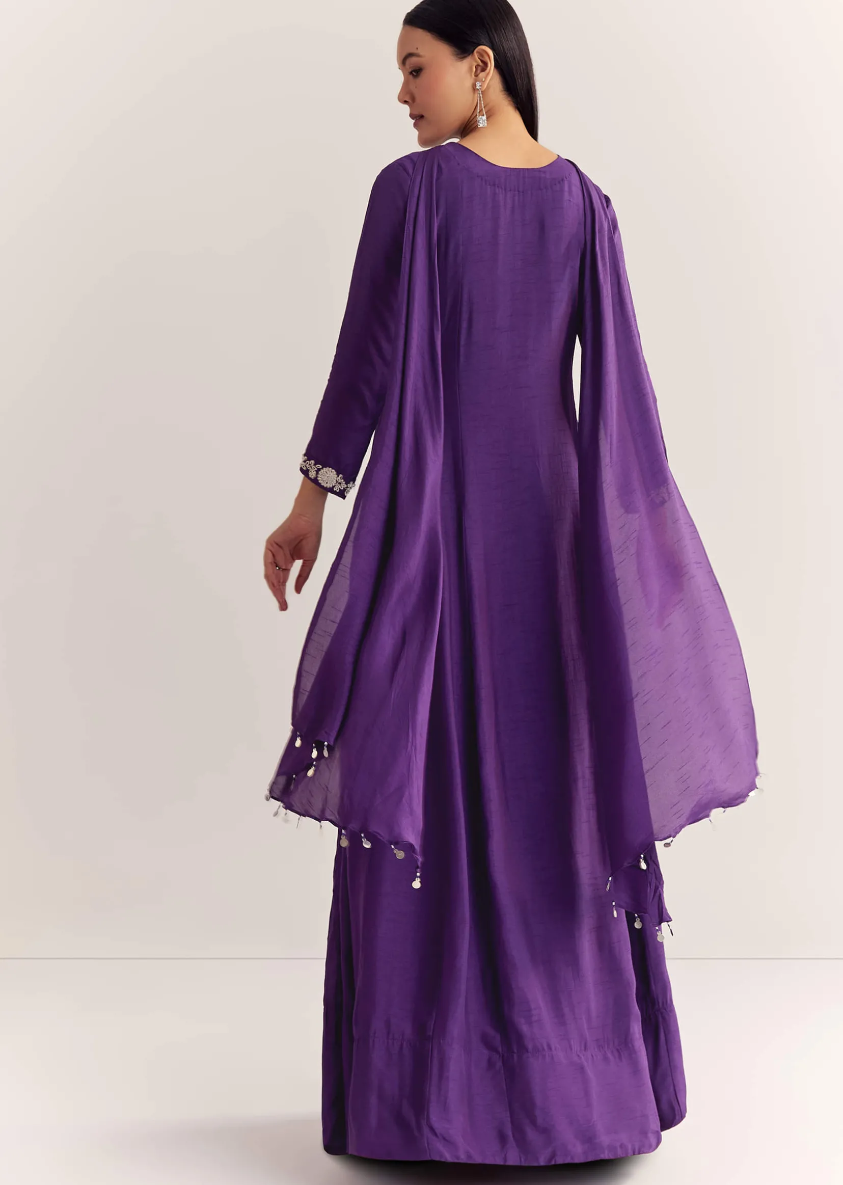 Purple Dola Silk Anarkali With Silver Zardosi And Choker Dupatta