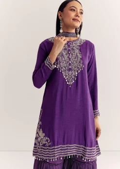 Purple Dola Silk Kurta Set With Zardosi And Choker Dupatta