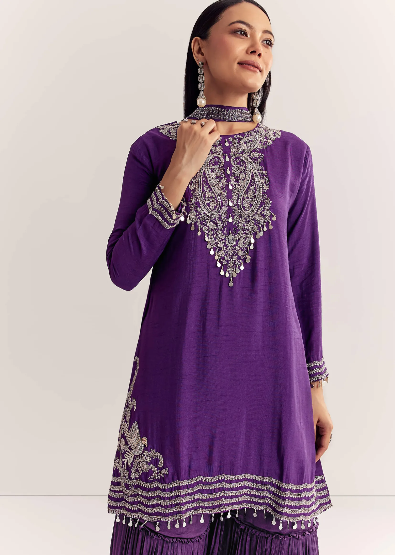 Purple Dola Silk Kurta Set With Zardosi And Choker Dupatta