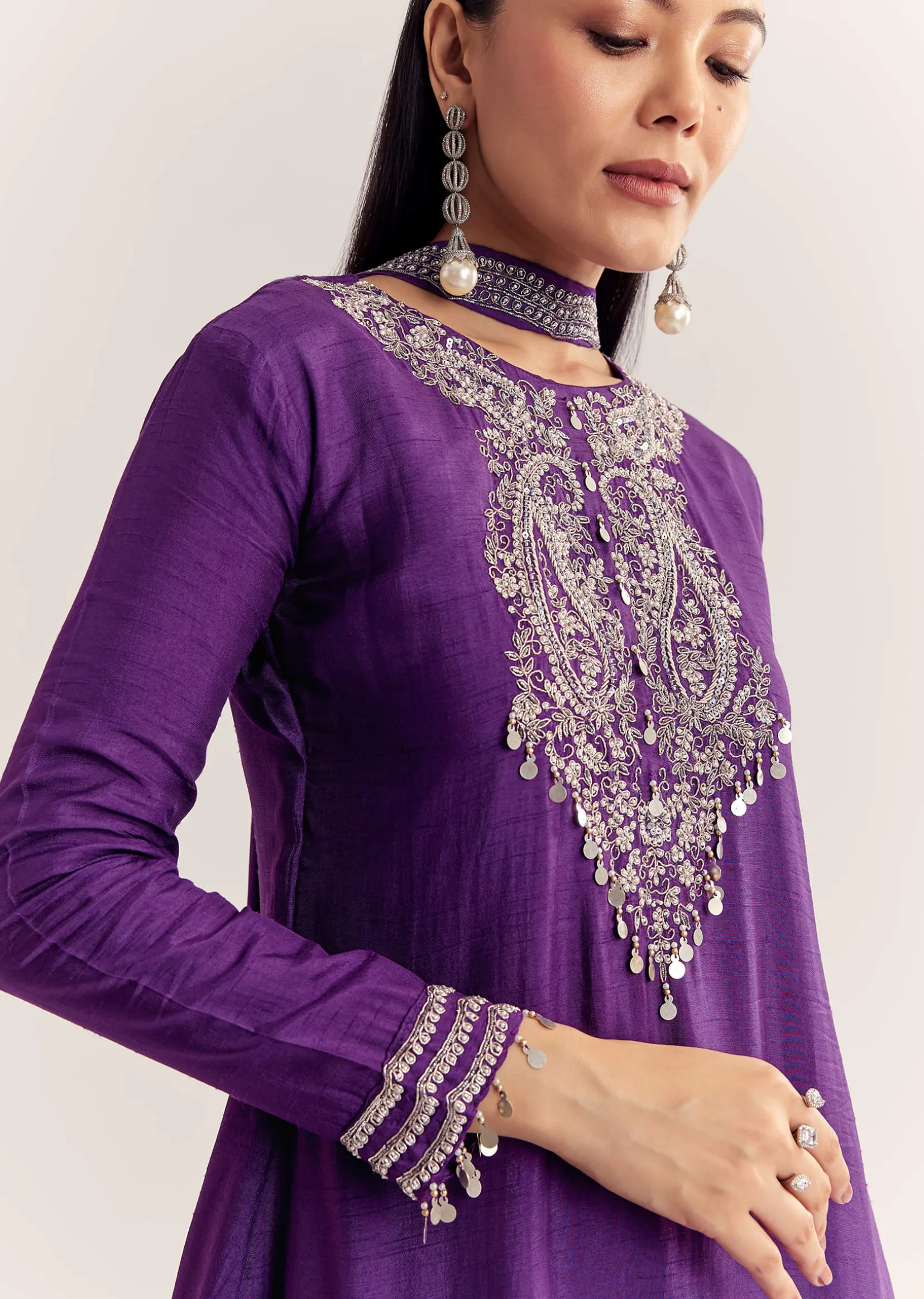Purple Dola Silk Kurta Set With Zardosi And Choker Dupatta