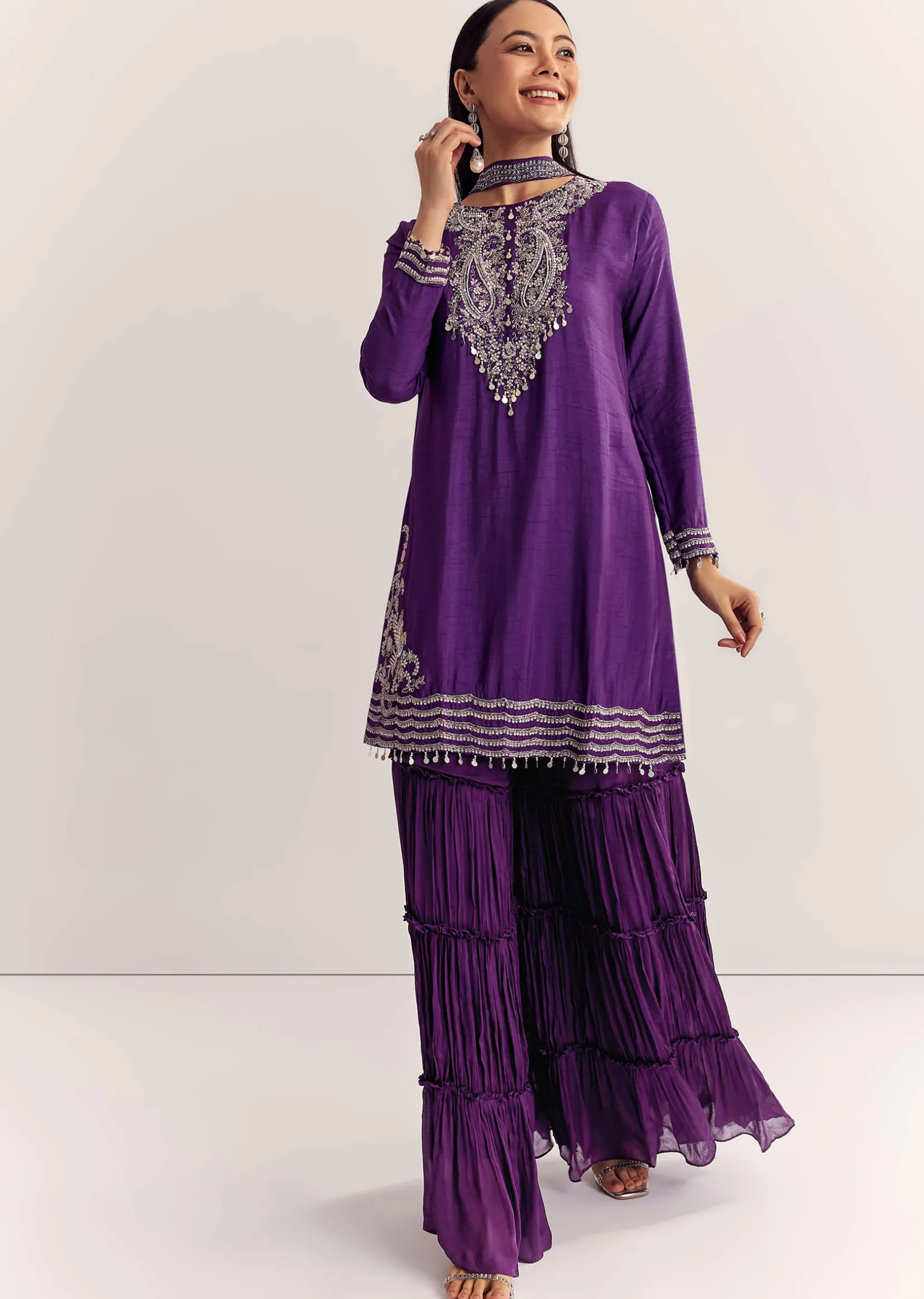 Purple Dola Silk Kurta Set With Zardosi And Choker Dupatta